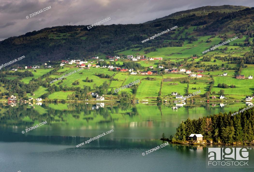 Stock Photo: Morning view over lake Hafslovatnet in the Luster municipality in the Norwegian Sognefjord region.
