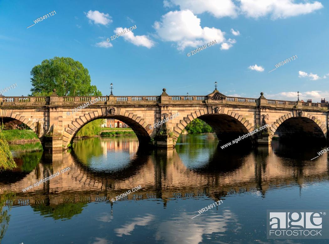 Stock Photo: View of river Severn and English Bridge in Shrewsbury Shropshire with retirement apartments in background.