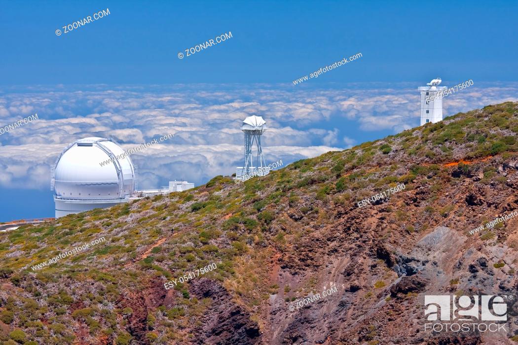 Stock Photo: Big telescopes above the clouds at the highest peak of La Palma, Canary Islands.