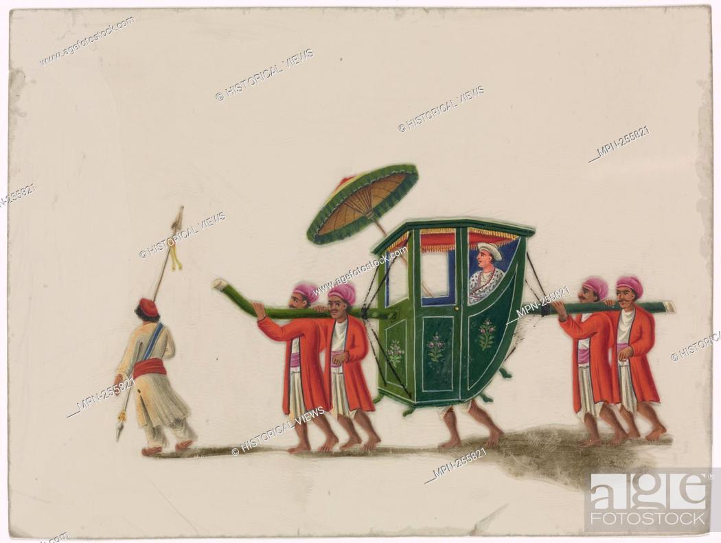 Stock Photo: Closed green palanquin with umbrella, male passenger, four bearers in red robes, and one attendant. Indian coloured drawings: a collection of 177 original.
