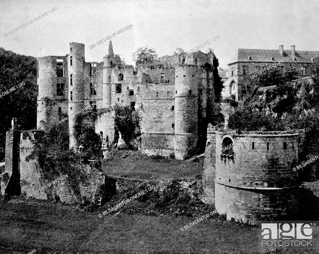 Stock Photo: Early autotype of beaufort castle in beaufort, luxembourg, historical photo, 1884.