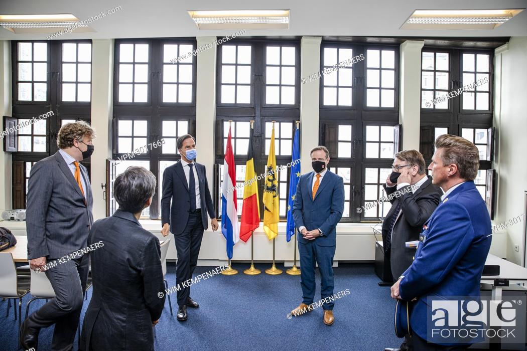 Stock Photo: Prime Minister of the Netherlands Mark Rutte (CL) and Antwerp Mayor Bart De Wever (CR) pictured at the opening of a new office of the Consulate-General of the.