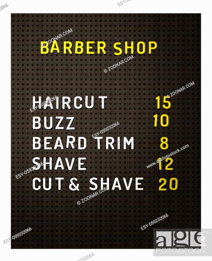 Stock Photo: Isolated Retro Vintage Black Peg Board At A Barber Shop With Prices On A White Background.