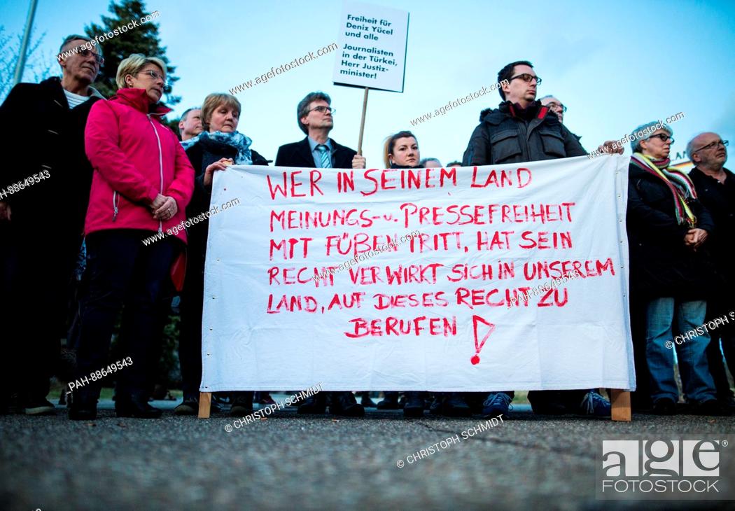 Stock Photo: Citizens and politicians demonstrate in front of an empty festival hall in Gaggenau, Germany, 2 March 2017. The Turkish Minister of Justice was meant to speak.