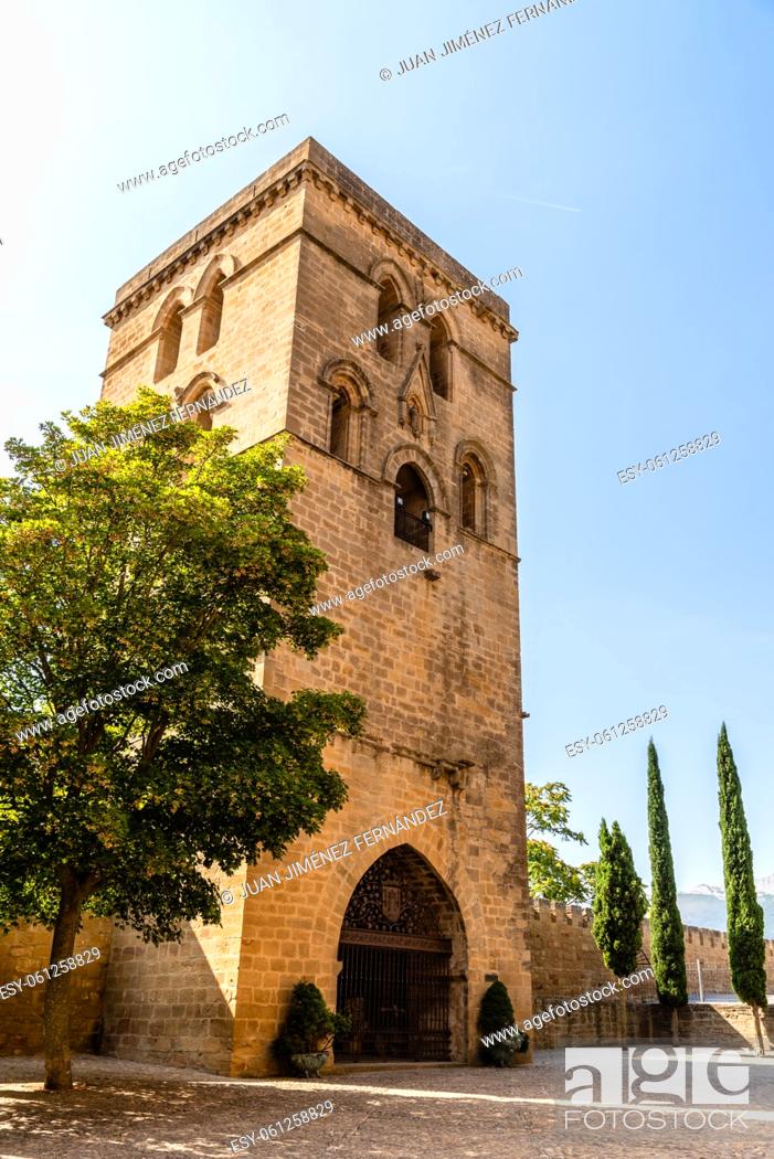 Stock Photo: Medieval tower. Cobblestoned street in the medieval town of Laguardia, Alaba, Spain. Picturesque And Narrow Streets On A Sunny Day.