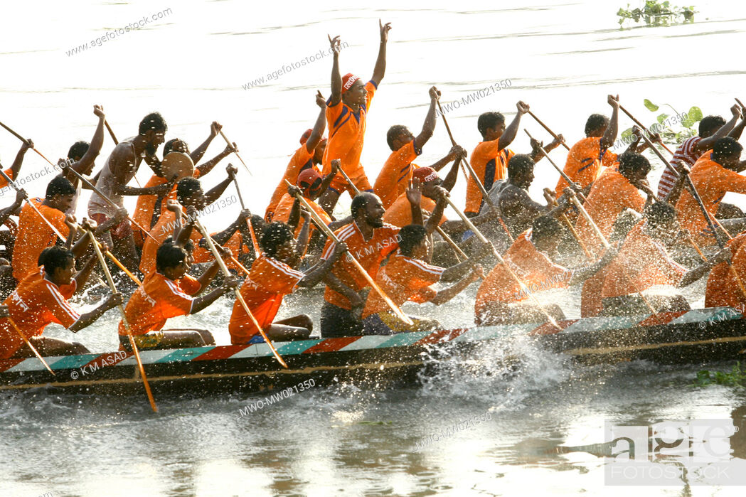 Stock Photo: Bangladesh Rowing Federation organized the 34th annual boat race or Nouka Baich, in the River Buriganga Many competitors including girls took vigorous.