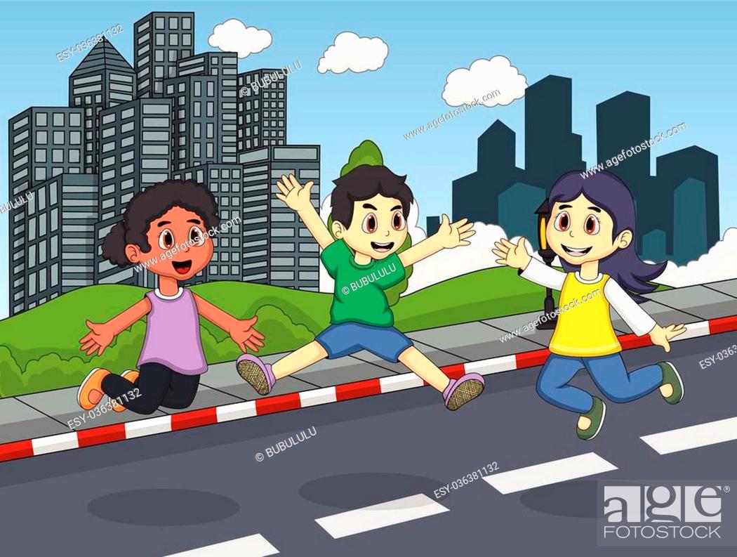 Kids playing at the street jumping and laughing cartoon, Stock Vector,  Vector And Low Budget Royalty Free Image. Pic. ESY-036381132 | agefotostock