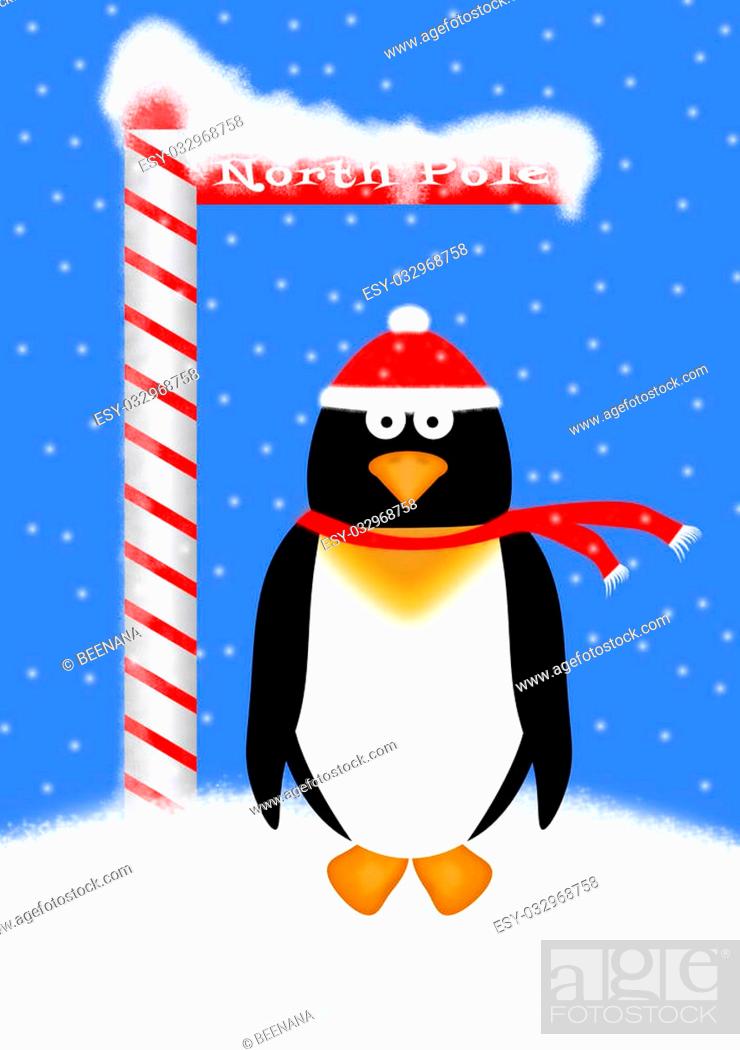 Cute cartoon penguin wearing a red and white knit hat and scarf, standing  at the North Pole, Stock Photo, Picture And Low Budget Royalty Free Image.  Pic. ESY-032968758 | agefotostock