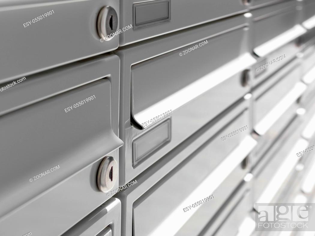 Photo de stock: Modern Gray Mailboxes. They can be used for background and concepts. Shallow depth of field.
