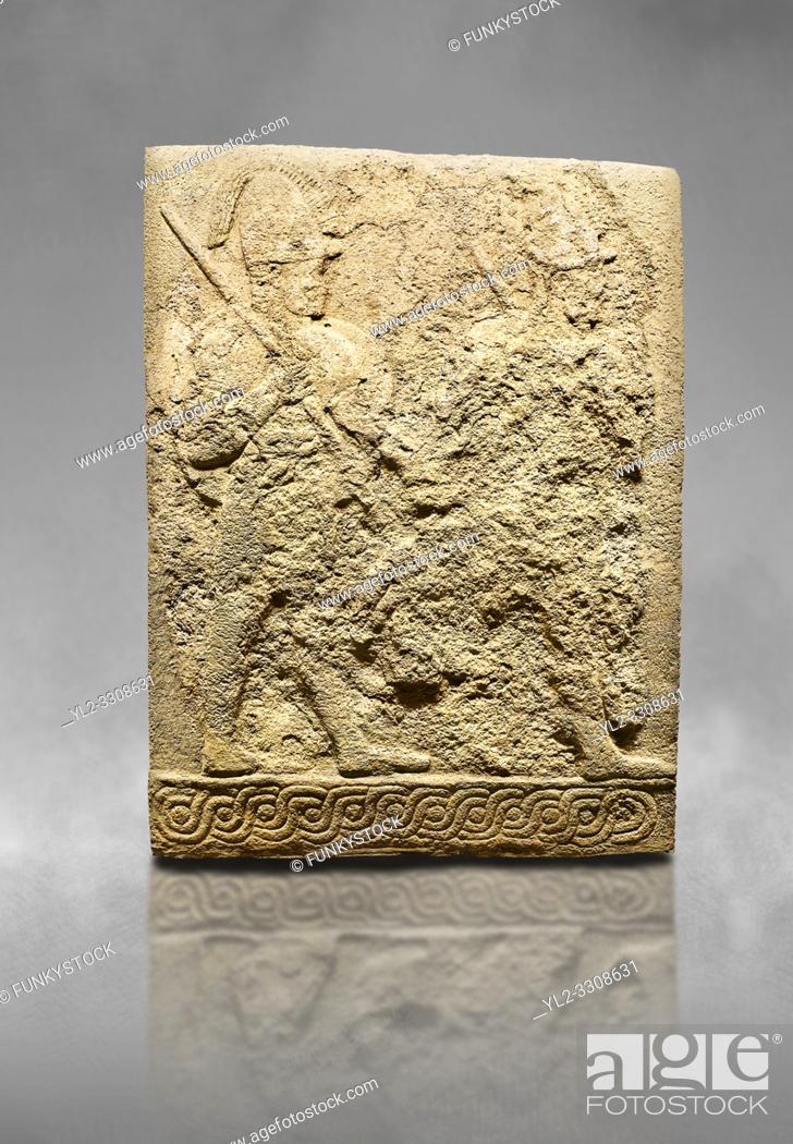 Stock Photo: Hittite sculpted orthostats panels of Long Wall Limestone, KarkamÄ±s, (KargamÄ±s), Carchemish (Karkemish), 900-700 B. C. Soldiers.