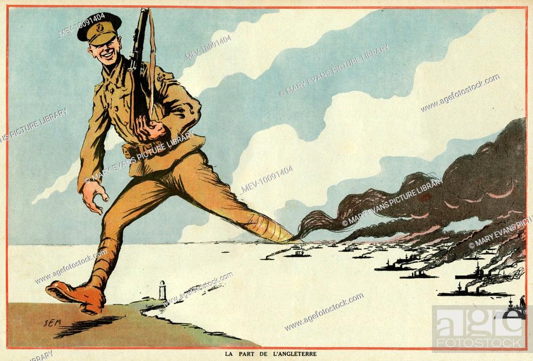 Cartoon, England's Share, showing a British soldier in khaki uniform  striding across the Channel, Stock Photo, Picture And Rights Managed Image.  Pic. MEV-10091404 | agefotostock