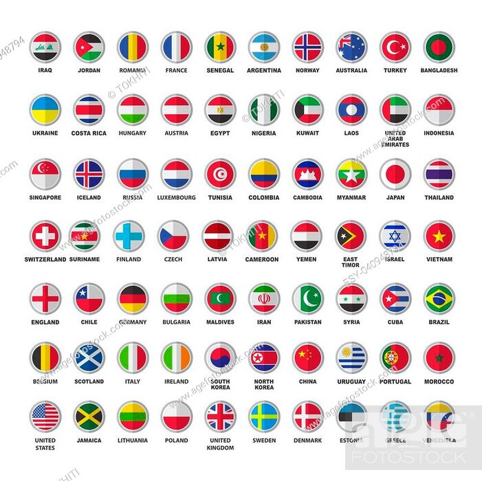 Stock Vector: Set of seventy national flags isolated on white background. Europe, Asia, South America, North America, Scandinavia, Australia, Africa.