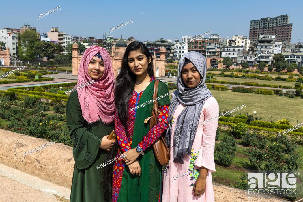 Stock Photo: Pretty dressed up girls in the Lalbagh Fort, also Fort Aurangabad, Dhaka, Bangladesh, Asia.