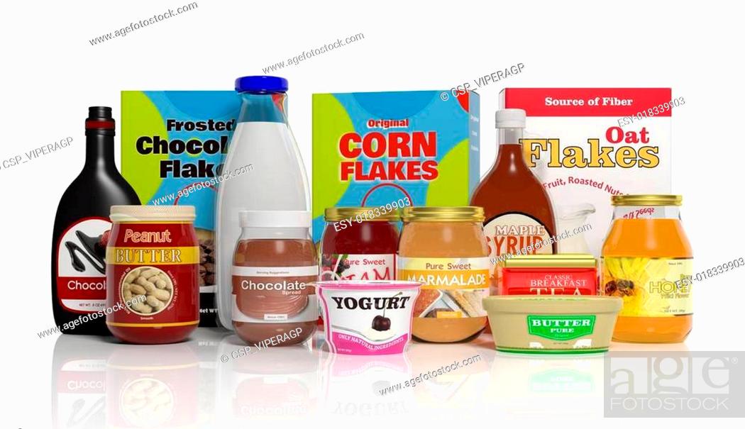 Stock Photo: 3D collection of packaged breakfast food isolated on white background.