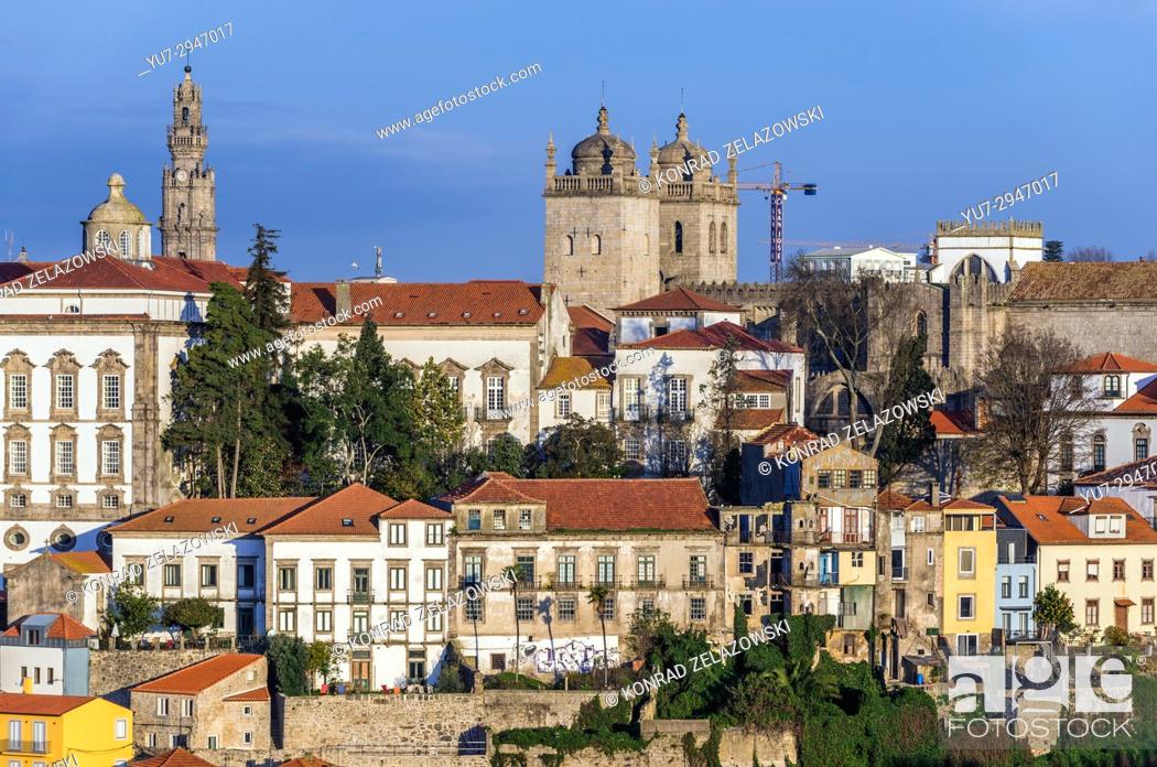 Stock Photo: Bishop's Palace, Clerigos church tower and Se Cathedral in Porto city, second largest city in Portugal. View from Vila Nova de Gaia city.