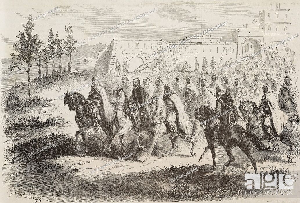 Stock Photo: Colonel Beaupretre leaving Tiaret for the south, March 25, 1864, Algeria, Algerian uprising, illustration by Janet Lange from L'Illustration, Journal Universel.