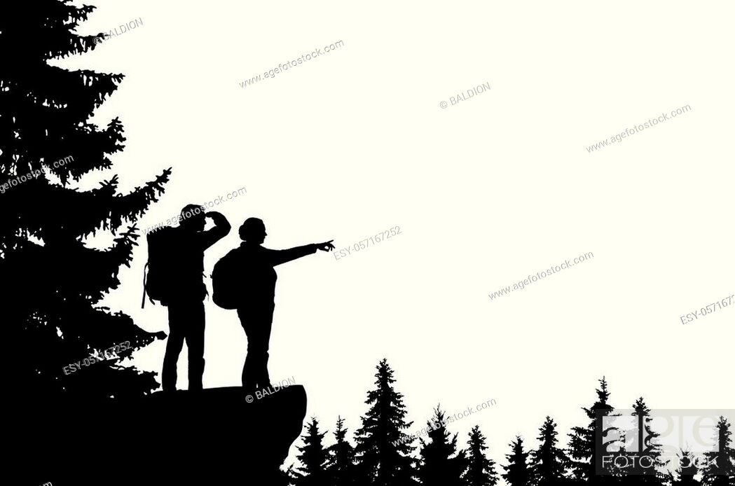 Stock Vector: Realistic illustration of a silhouette of two tourists, men and women with backpacks. It stands on the bay in the mountains and looks into the valley of the.