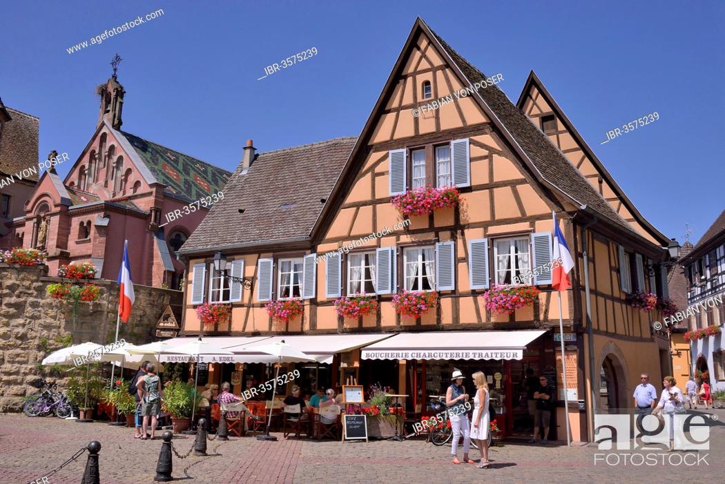 Stock Photo: Half-timbered house in Eguisheim, named favorite village of the French in 2013, Le Village Préféré.