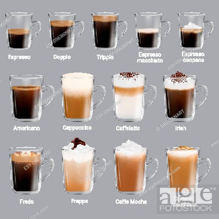 I doubt it to donate enclose Coffee types set, vector isolated illustration. Espresso types, doppio,  trippio, cappuccino, frappe, Stock Vector, Vector And Low Budget Royalty  Free Image. Pic. ESY-056360987 | agefotostock