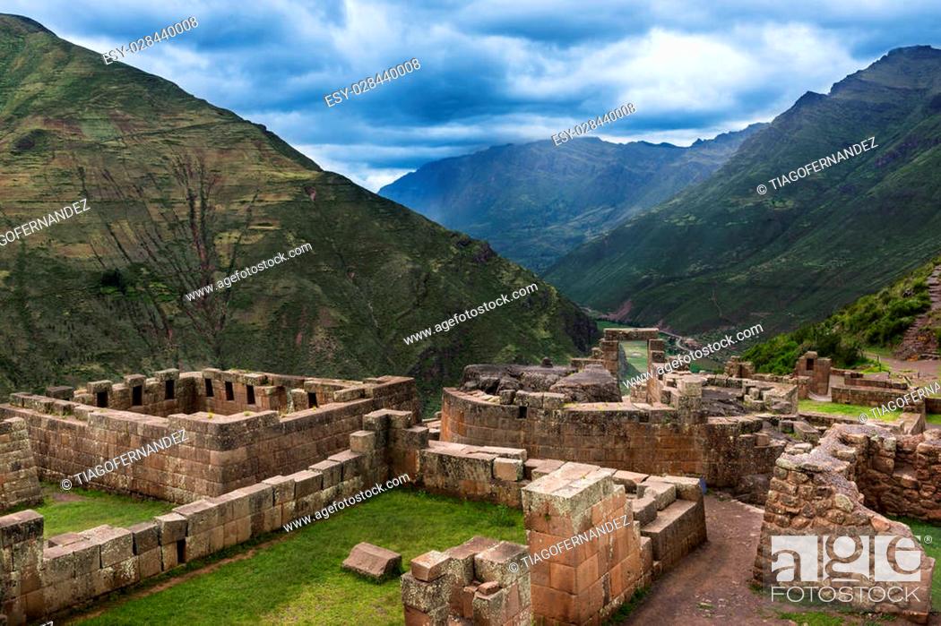 Stock Photo: View of Inca Ruins near the town of Pisac in the Sacred Valley, Peru.