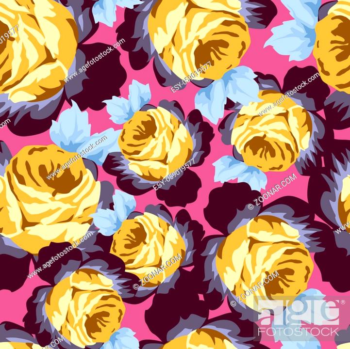 Stock Photo: Seamless vector pattern with beautiful vintage roses on magenta background.