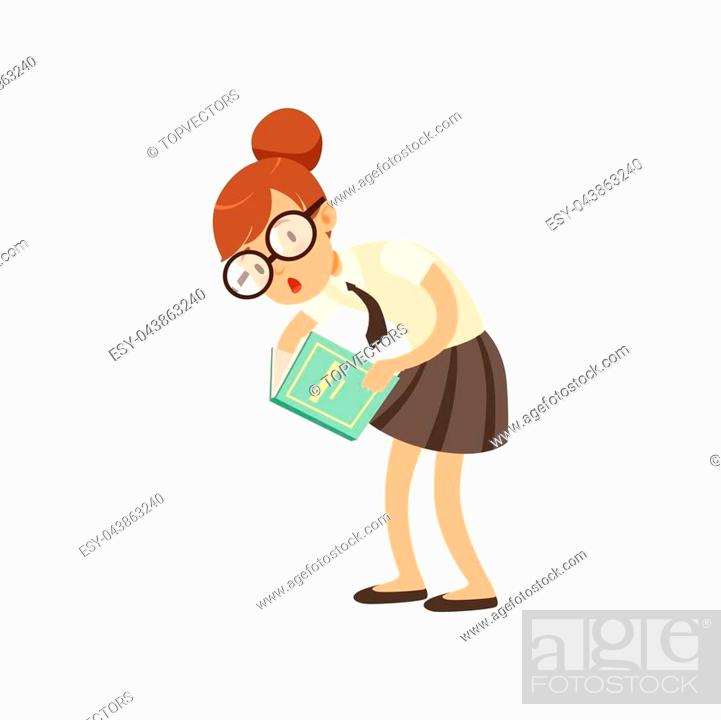 Funny nerd girl interested in reading book. Cartoon schooler in glasses,  skirt and blouse with tie, Stock Vector, Vector And Low Budget Royalty Free  Image. Pic. ESY-043863240 | agefotostock