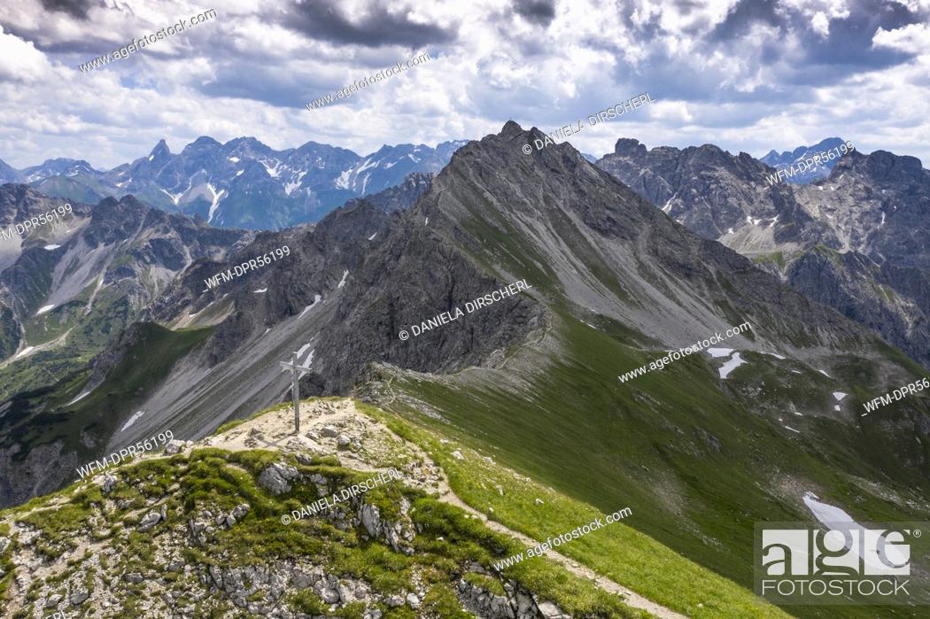 Stock Photo: Walser Hammerspitze with Ridge to Hochgehrenspitze and Oberstdorfer Hammerspitze, Bavaria, Germany.