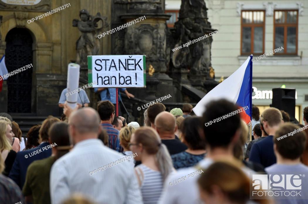 Stock Photo: Protestors attend demonstration against Andrej Babis's government depending on Communist support and headed by prosecuted prime minister.