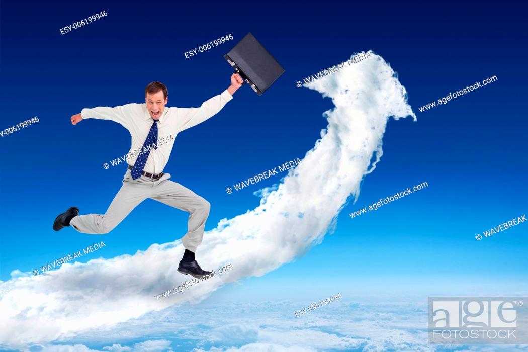 Stock Photo: Composite image of cheerful jumping businessman with his suitcase.