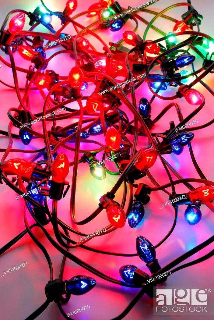 Stock Photo: Jumble of red and blue Christmas lights - 01/04/2006.