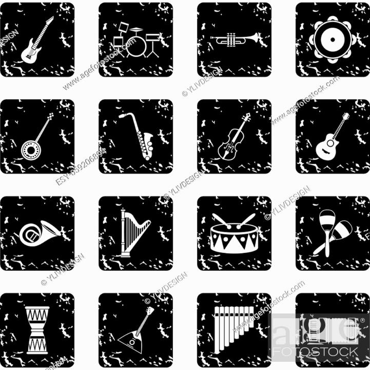 Stock Vector: Musical instruments icons set icons in grunge style isolated on white background. Vector illustration.