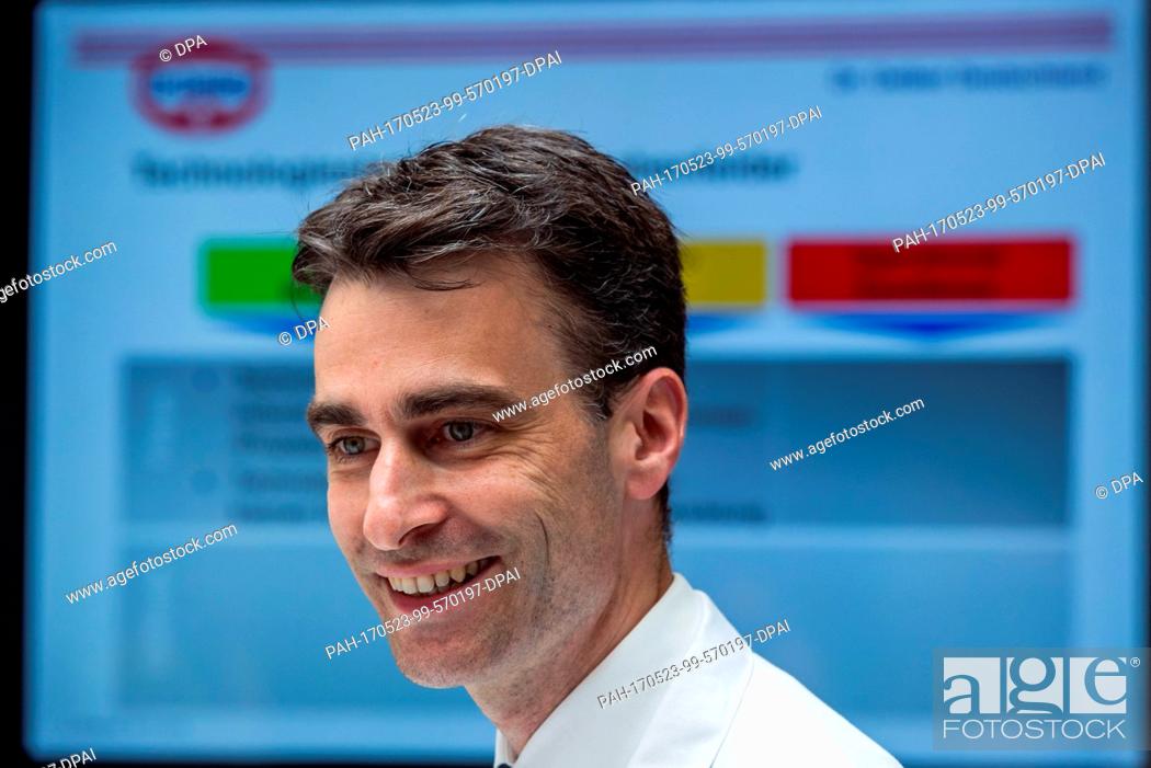 Stock Photo: The Director of the new Technology Center at the pizza factory of the Dr. Oetker company, Jan Sylvester, laughs in Wittenburg, Germany, 23 May 2017.