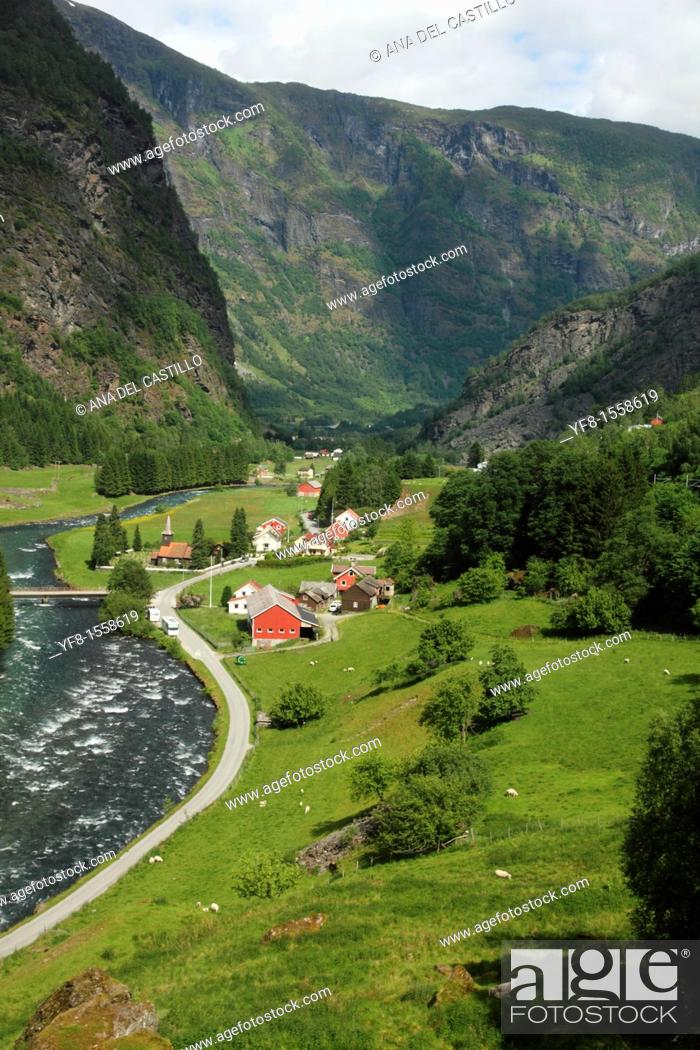 Stock Photo: Landscape next to Flam, from Flamsbana train Sognefjord Aurland, Norway.