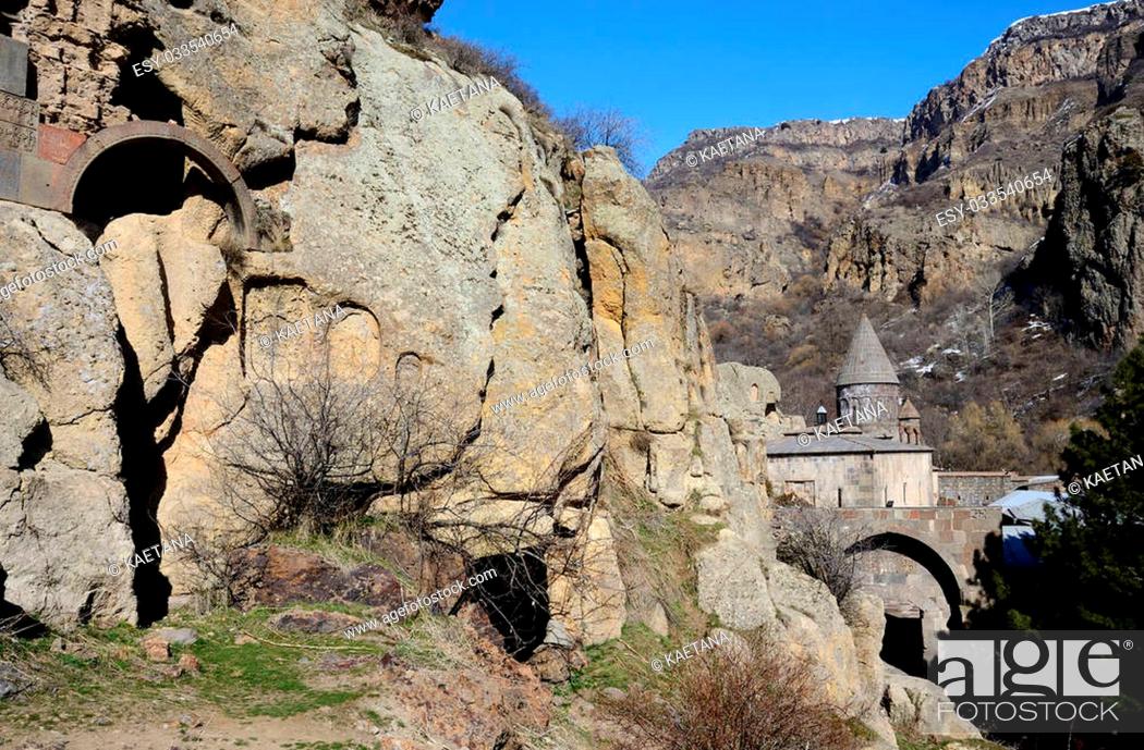 Stock Photo: View of Geghard rock monastery with ancient khachkars , Armenia, Caucasus, unesco world heritage site.