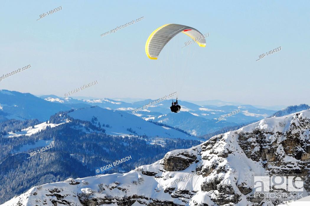 Stock Photo: Paragliding on Mt Nebelhorn, 2224m, Oberstdorf, Allgaeu, Bavaria, Germany, Europe.