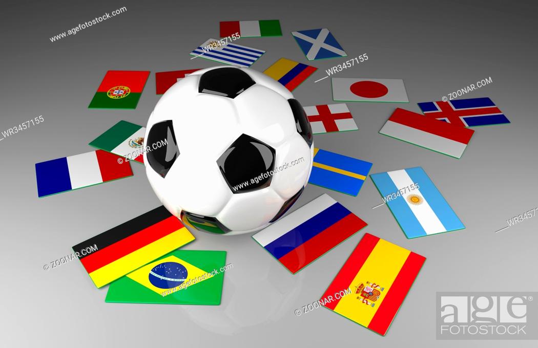 Stock Photo: Soccer ball with different flags, World soccer competition, 3d renderring.