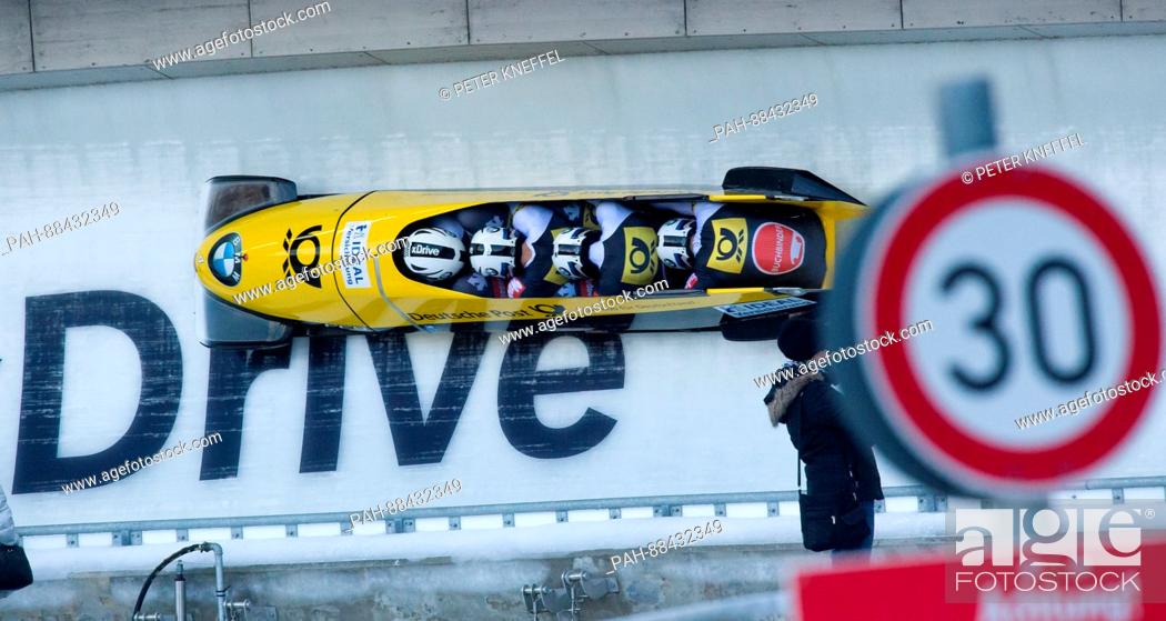Stock Photo: Four-man bobsleigh with Nico Walther, Kevin Kuske, Kevin Korona and Eric Franke of Germany in action during the 1st run in Schoenau am Koenigssee, Germany.