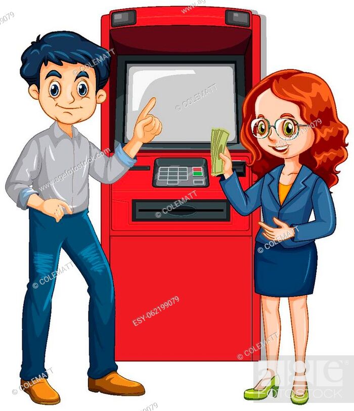 A man withdraw money from atm machine and his wife cartoon character  illustration, Stock Vector, Vector And Low Budget Royalty Free Image. Pic.  ESY-062199079 | agefotostock