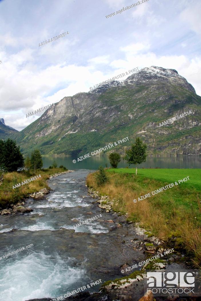 Stock Photo: River entering Lake Strynsvatn, Norway.
