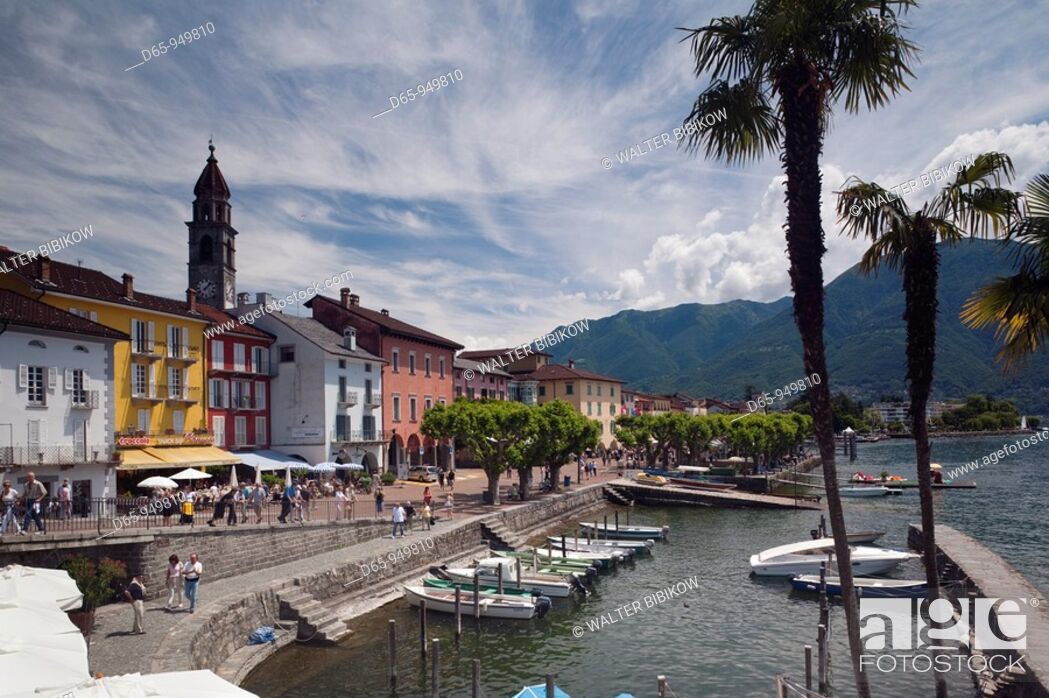 Stock Photo: Switzerland, Ticino, Lake Maggiore, Ascona, Piazza Motta and lakefront.