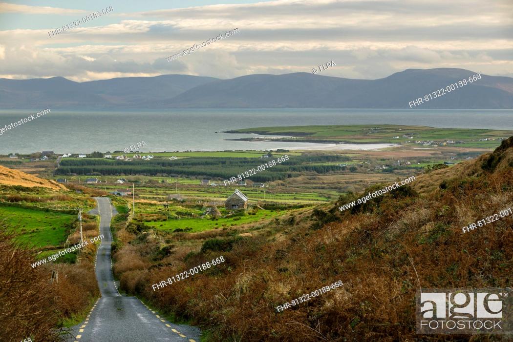 Stock Photo: View of road and coastal village, Dunquin, Dingle Peninsula, County Kerry, Munster, Ireland, November.
