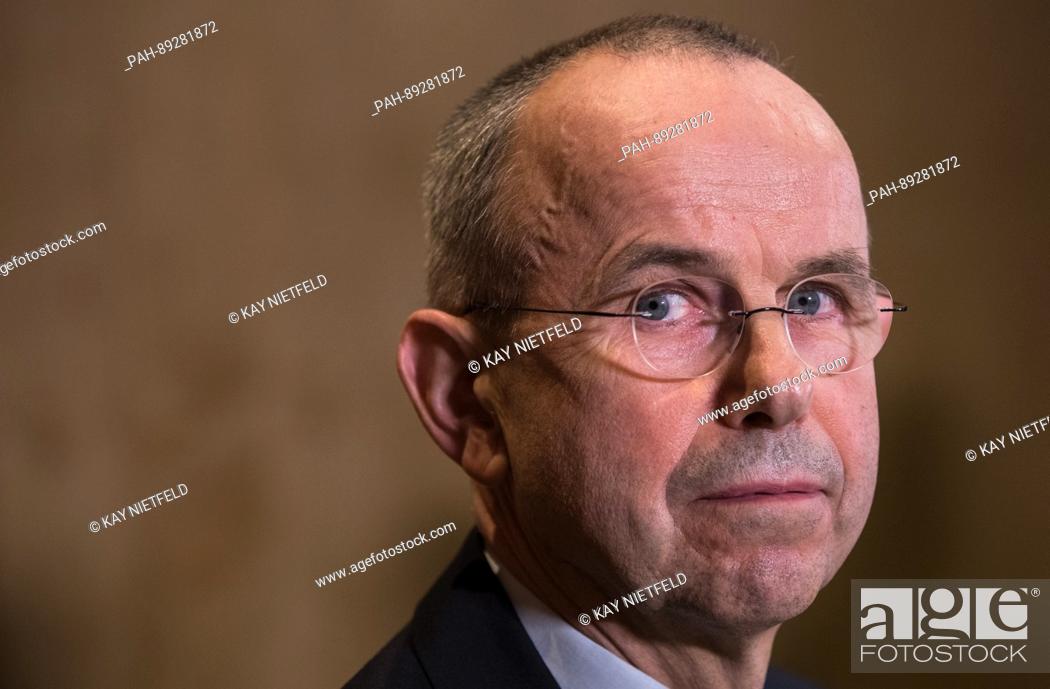 Stock Photo: Guenter Lubitz, father of the Germanwings co-pilot of the plane crash in the Alps, arrives at a press conference in Berlin, Germany, 24 March 2017.