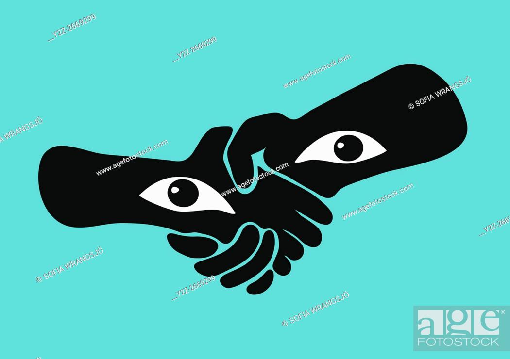 Stock Photo: Handshake with eyes in the wrists, watching the viewer.