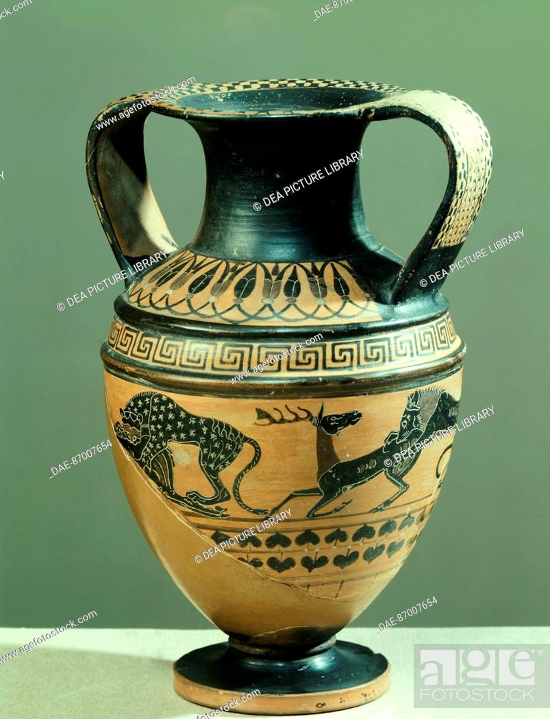 Amphora by the Painter Paris, viewed from the side a deer being bitten by a lion, Stock Picture And Rights Managed Image. Pic. DAE-87007654 | agefotostock