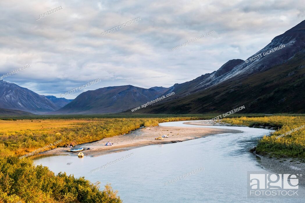 Stock Photo: Rafters camping off Noatak River in the Brooks Range, Gates of the Arctic National Park, Northwestern Alaska, above the Arctic Circle, Arctic Alaska, summer.