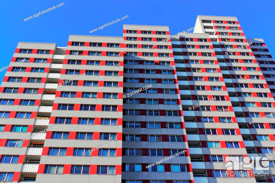 Stock Photo: East Berlin, Highrise, Horizontal, Location, Loneliness, New, Alone, Lonely, Isolated, Isolation, House, Europe, City, Architecture, Balcony, Building, Facade, Window, Town, Council, Berlin, Germany, Skyscraper, Large, Bald, Living, Anonymous, Clamp, Modern, Metropolis
