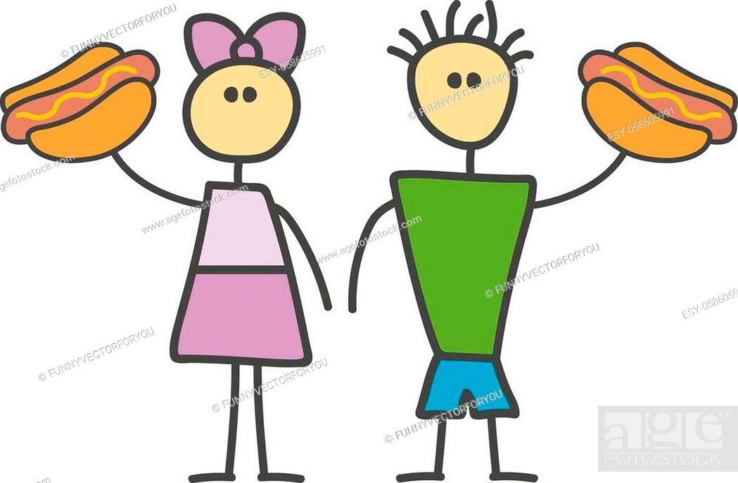 Child style funny doodle cartoon hot dog symbol with boy and girl character,  Stock Vector, Vector And Low Budget Royalty Free Image. Pic. ESY-058605991  | agefotostock