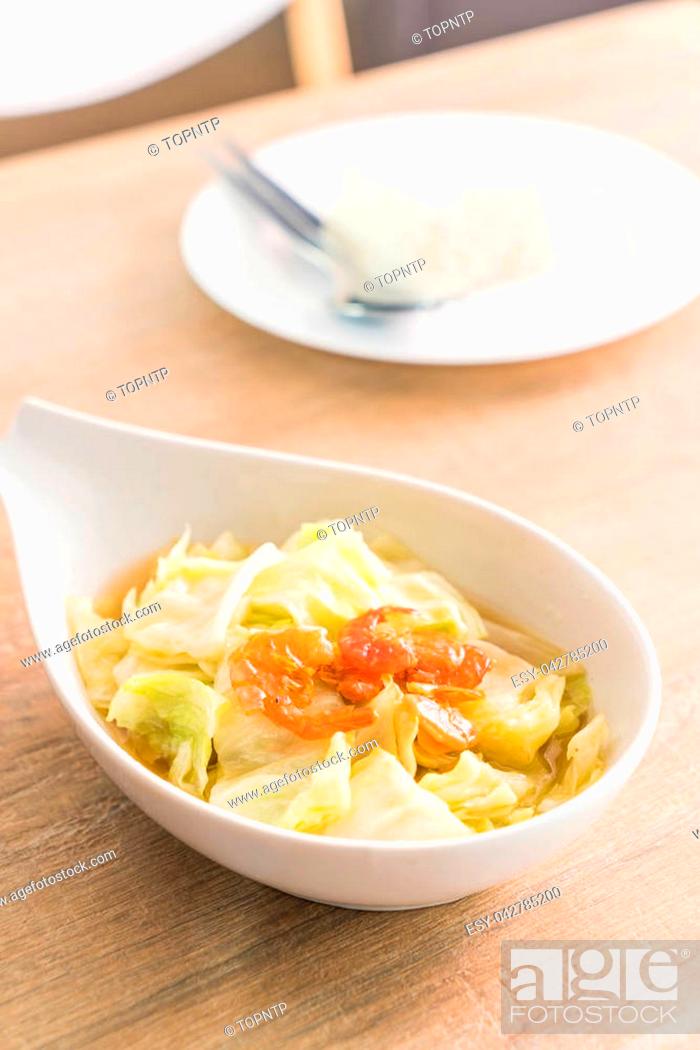 Stock Photo: Stir fried Cabbage with Fish sauce on plate.