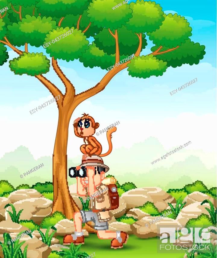 Vector illustration of Cartoon boy using binoculars with a monkey over her  head in the forest, Stock Vector, Vector And Low Budget Royalty Free Image.  Pic. ESY-043726027 | agefotostock