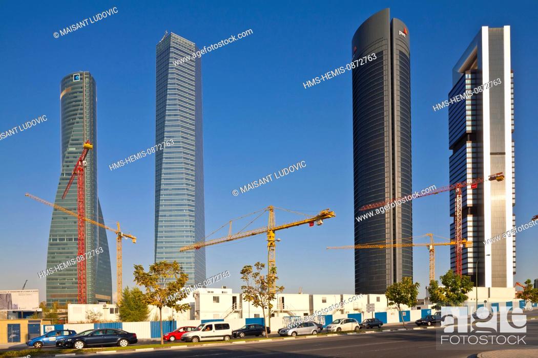Stock Photo: Spain, Madrid Cuatro Torres Business Area (CTBA), new business district with right to left la Torre Caja Madrid (250 meters, designed by Norman Foster).